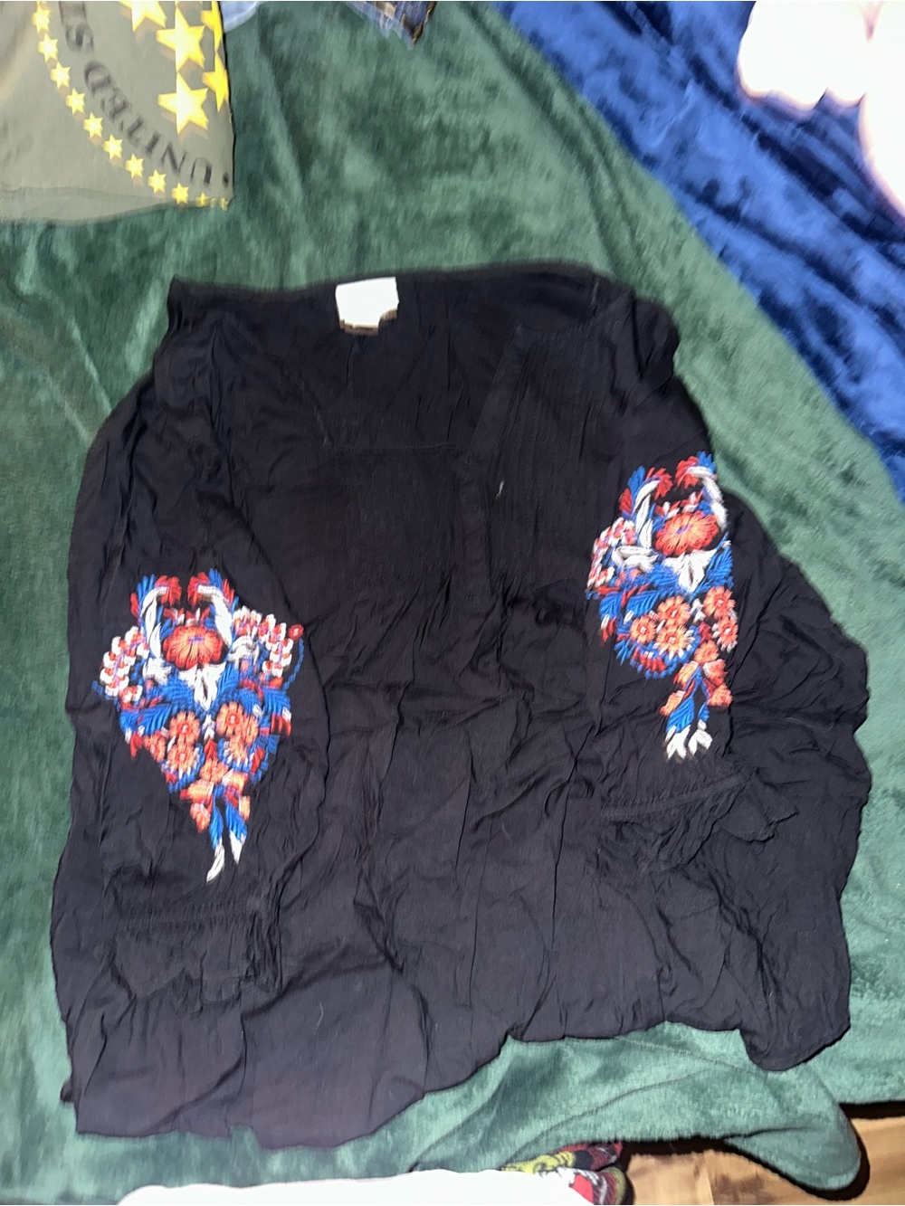 Liz Claiborne Black Sweater with Blue and Red Floral Embroidery